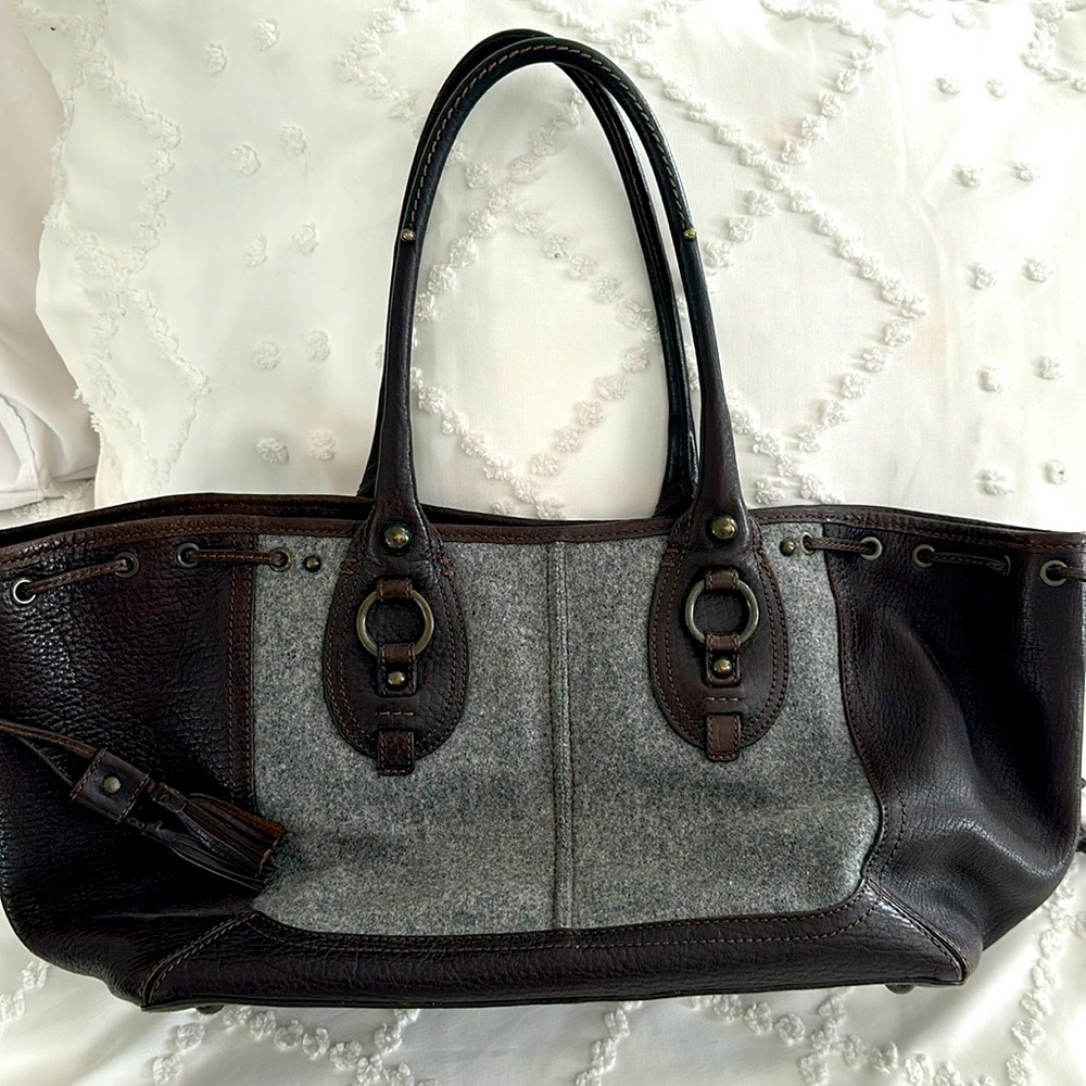 Vintage Banana Republic Leather and Grey Wool Flannel Purse Handbag Tote